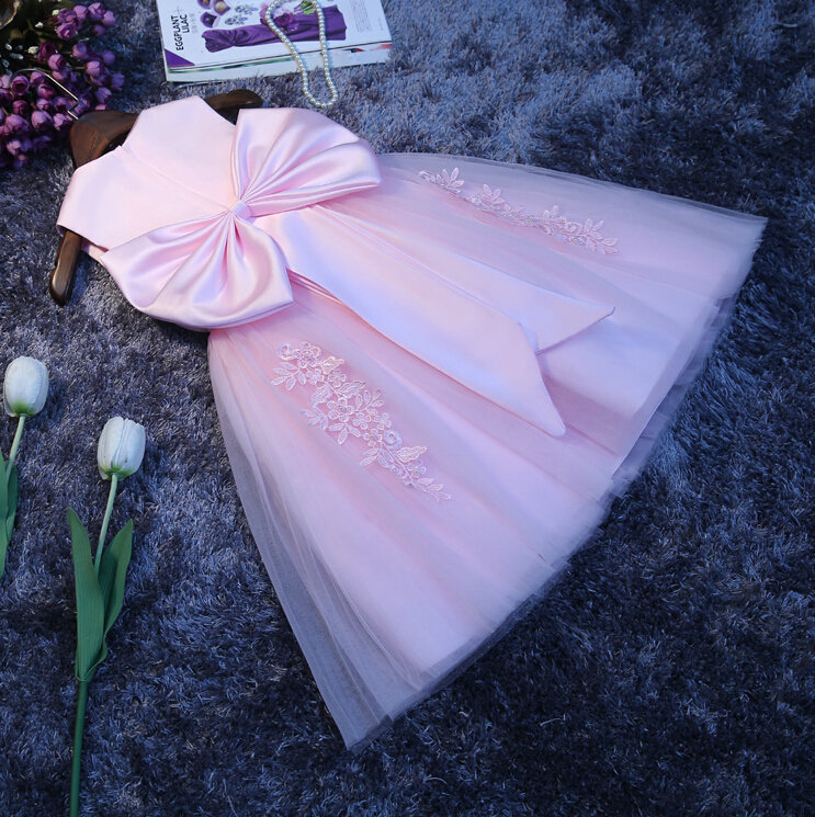 Cute Dresses Winter Flower Girls Bowknot Embroidery Cotton Wedding Party Dress - Pink