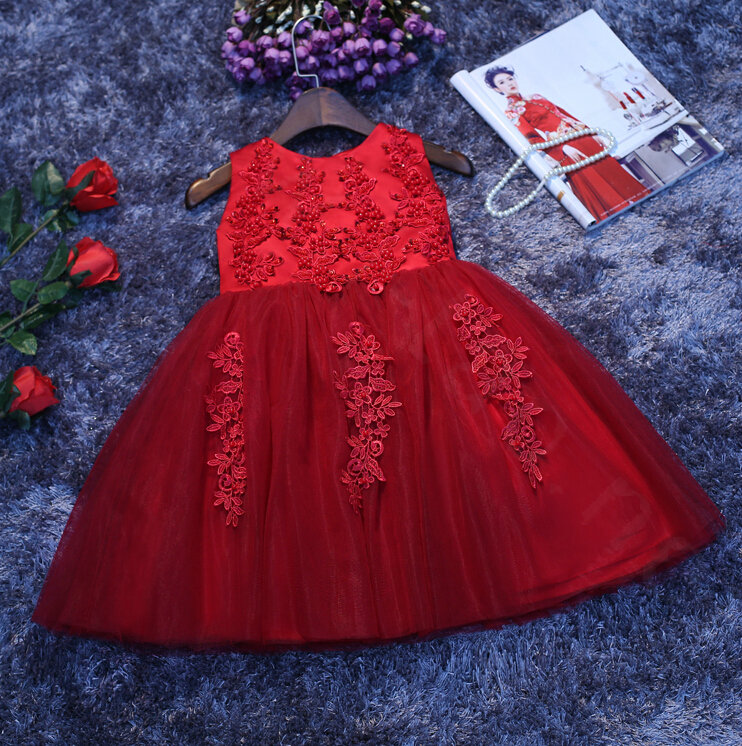 Cute Dresses Winter Flower Girls Bowknot Embroidery Cotton Wedding Party Dress - Red