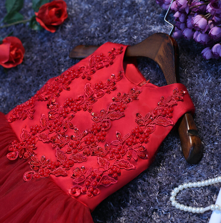 Cute Dresses Winter Flower Girls Bowknot Embroidery Cotton Wedding Party Dress - Red
