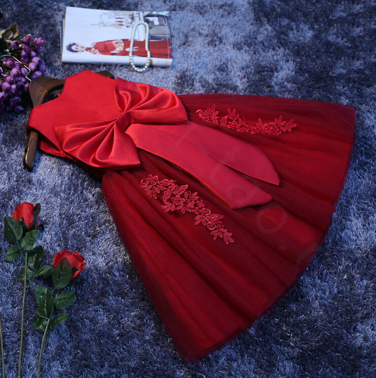 Cute Dresses Winter Flower Girls Bowknot Embroidery Cotton Wedding Party Dress - Red