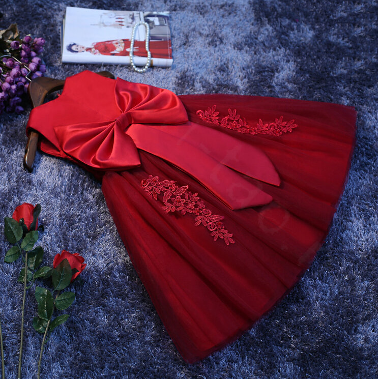Cute Dresses Winter Flower Girls Bowknot Embroidery Cotton Wedding Party Dress - Red