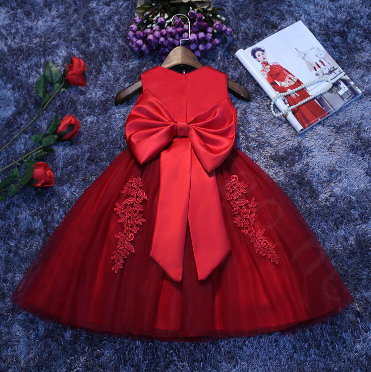 Cute Dresses Winter Flower Girls Bowknot Embroidery Cotton Wedding Party Dress - Red