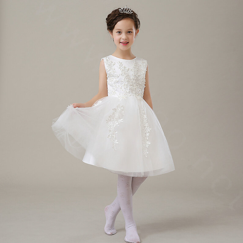 Cute Dresses Winter Flower Girls Bowknot Embroidery Cotton Wedding Party Dress - White