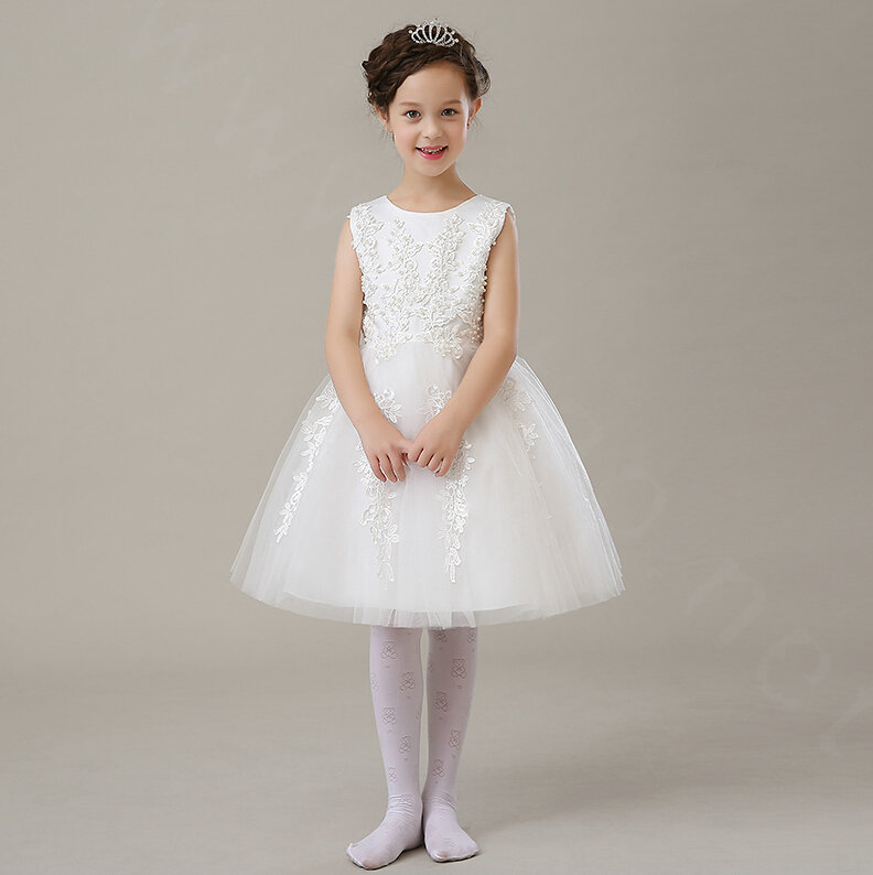 Cute Dresses Winter Flower Girls Bowknot Embroidery Cotton Wedding Party Dress - White