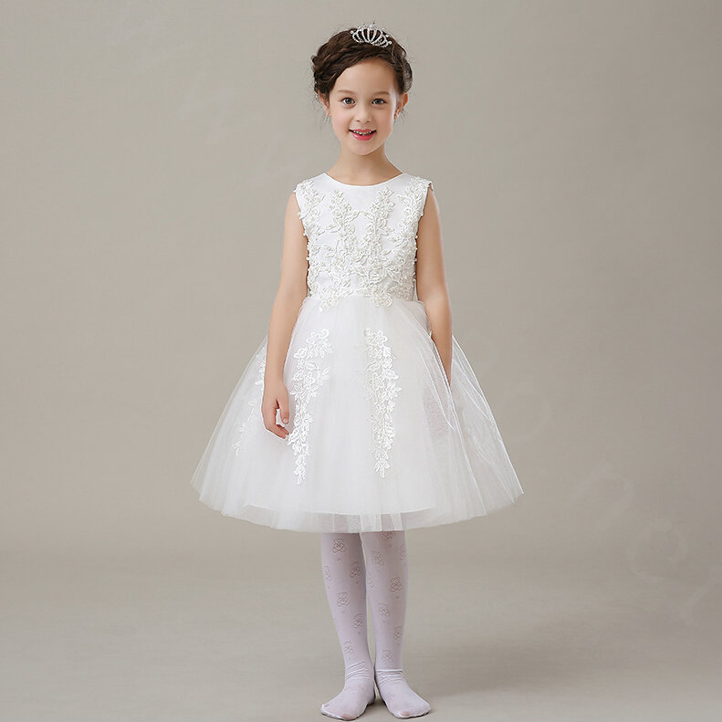 Cute Dresses Winter Flower Girls Bowknot Embroidery Cotton Wedding Party Dress - White