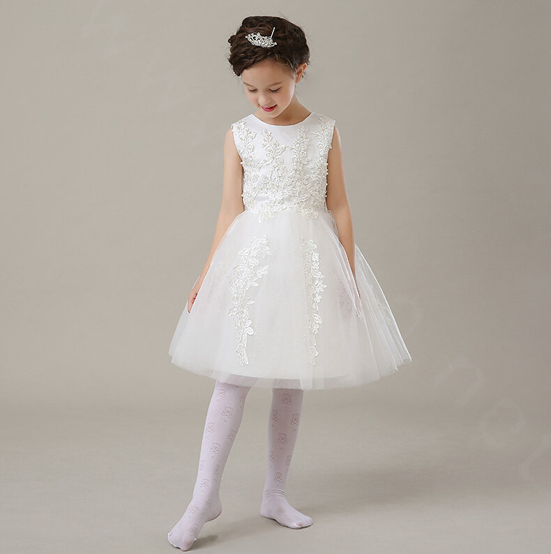 Cute Dresses Winter Flower Girls Bowknot Embroidery Cotton Wedding Party Dress - White