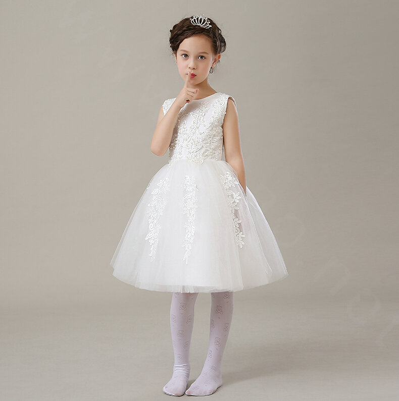 Cute Dresses Winter Flower Girls Bowknot Embroidery Cotton Wedding Party Dress - White