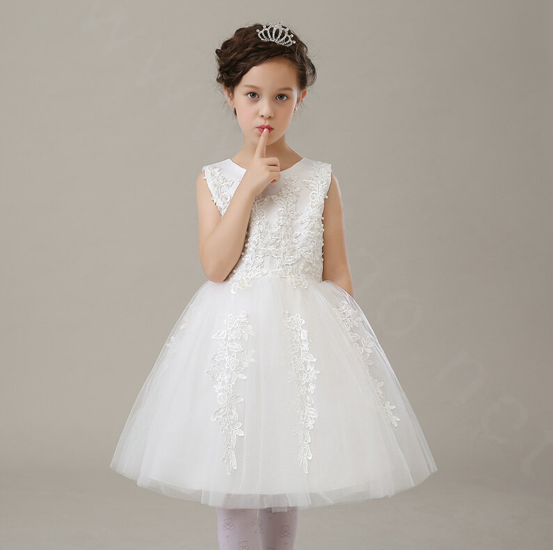 Cute Dresses Winter Flower Girls Bowknot Embroidery Cotton Wedding Party Dress - White