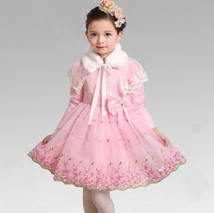 Cute Dresses Winter Flower Girls Bowknot Embroidery Wedding Party Dress - Pink