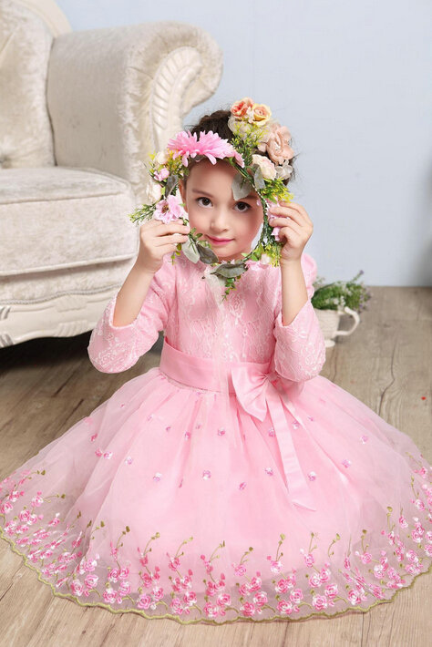 Cute Dresses Winter Flower Girls Bowknot Embroidery Wedding Party Dress - Pink