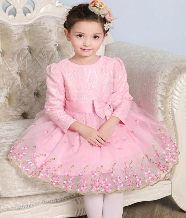 Cute Dresses Winter Flower Girls Bowknot Embroidery Wedding Party Dress - Pink
