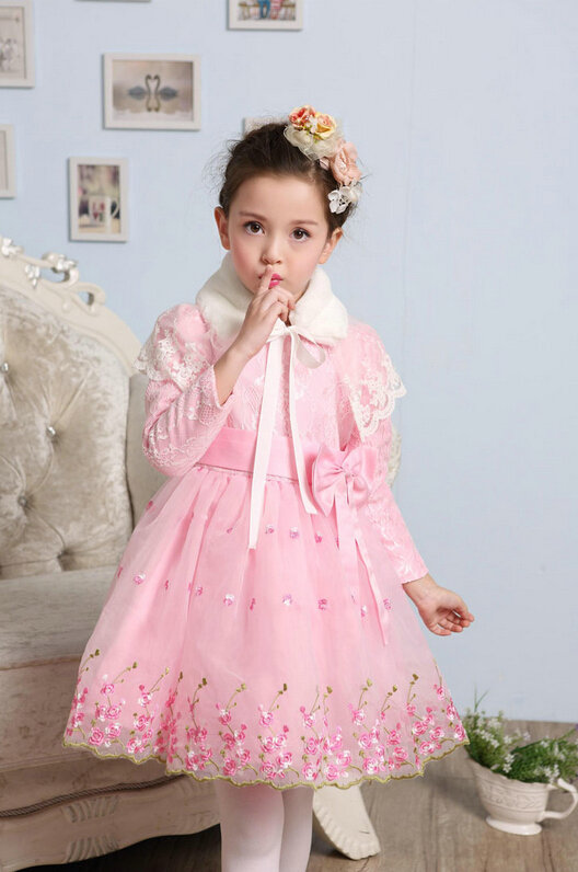 Cute Dresses Winter Flower Girls Bowknot Embroidery Wedding Party Dress - Pink