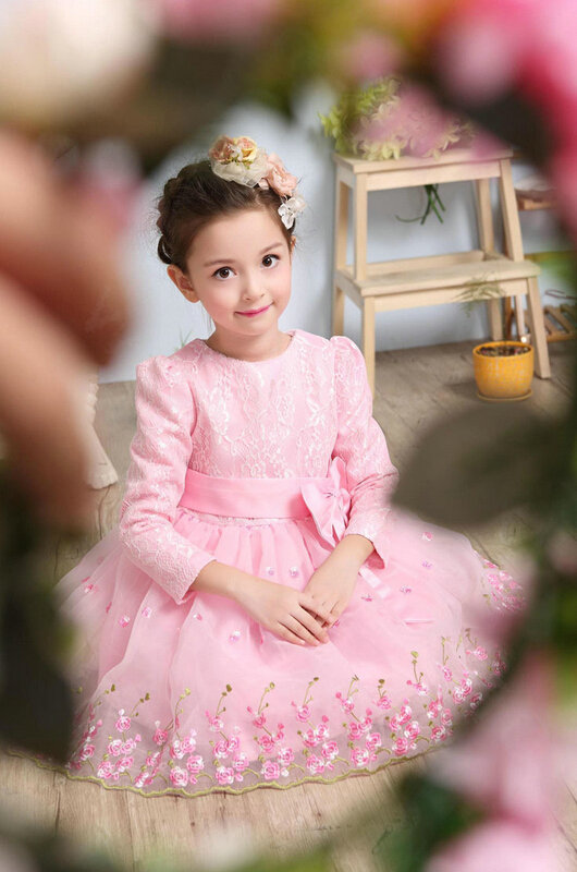 Cute Dresses Winter Flower Girls Bowknot Embroidery Wedding Party Dress - Pink