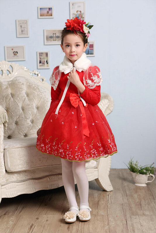 Cute Dresses Winter Flower Girls Bowknot Embroidery Wedding Party Dress - Red