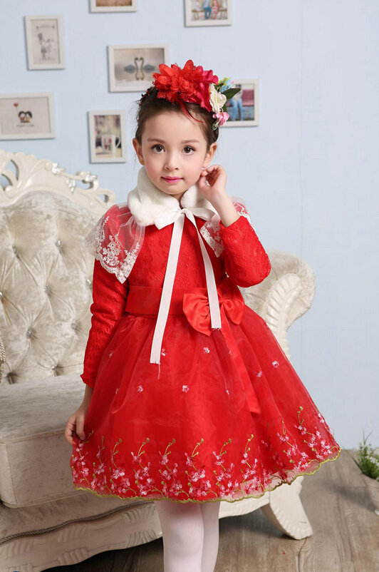 Cute Dresses Winter Flower Girls Bowknot Embroidery Wedding Party Dress - Red