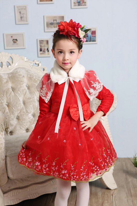 Cute Dresses Winter Flower Girls Bowknot Embroidery Wedding Party Dress - Red