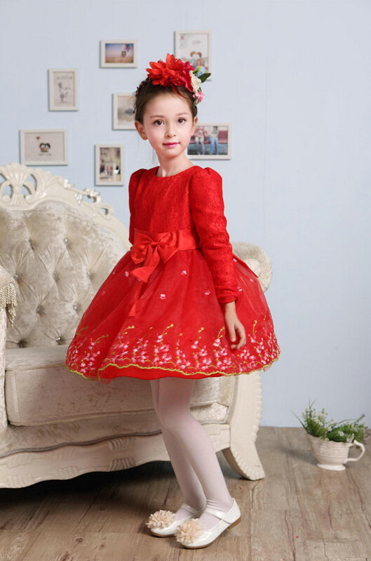 Cute Dresses Winter Flower Girls Bowknot Embroidery Wedding Party Dress - Red