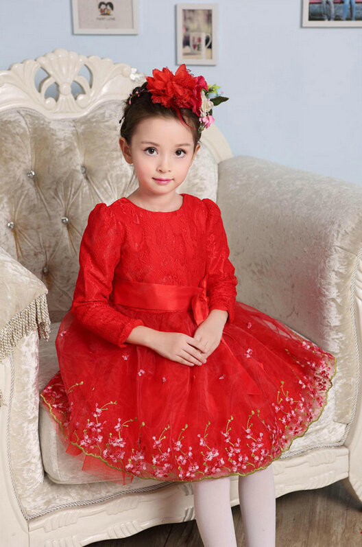 Cute Dresses Winter Flower Girls Bowknot Embroidery Wedding Party Dress - Red