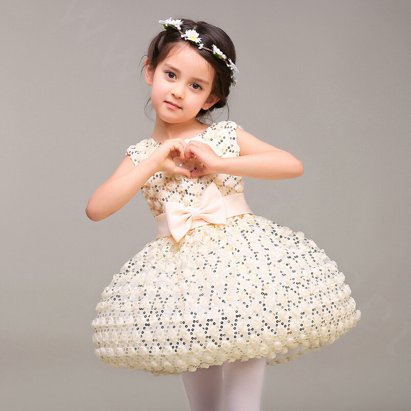 Cute Dresses Winter Flower Girls Bowknot Lace Wedding Party Dress - Beige