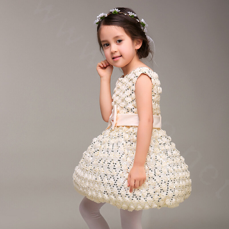 Cute Dresses Winter Flower Girls Bowknot Lace Wedding Party Dress - Beige