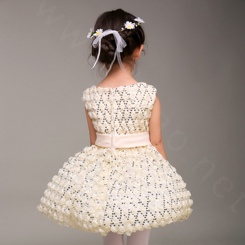 Cute Dresses Winter Flower Girls Bowknot Lace Wedding Party Dress - Beige