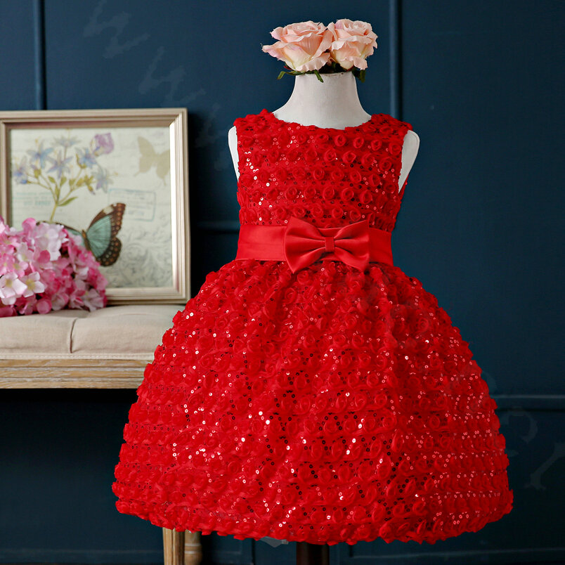 Cute Dresses Winter Flower Girls Bowknot Lace Wedding Party Dress - Red