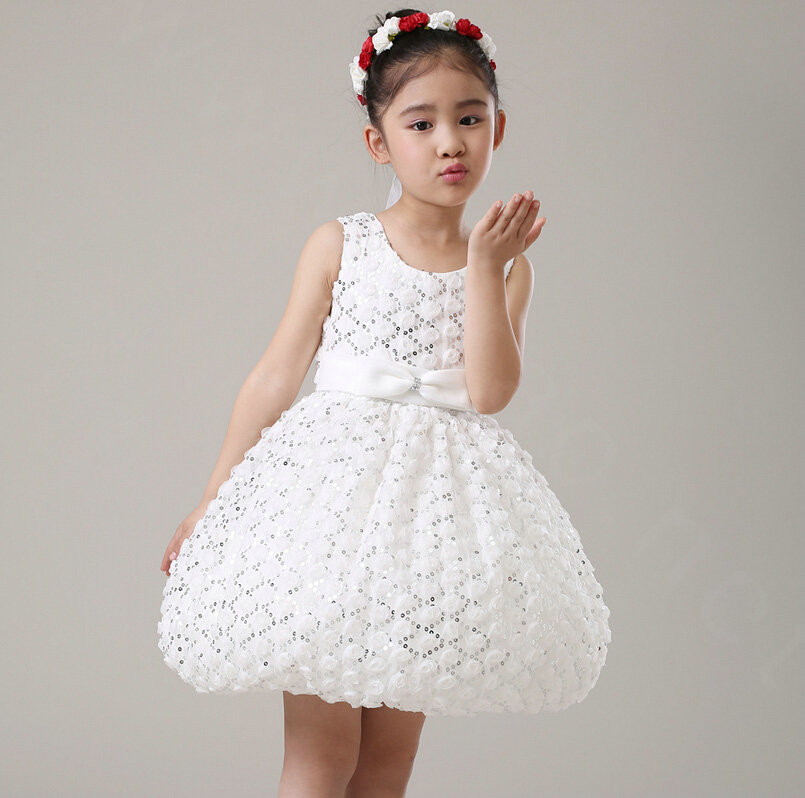 Cute Dresses Winter Flower Girls Bowknot Lace Wedding Party Dress - White