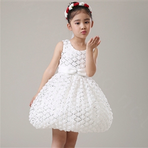 Cute Dresses Winter Flower Girls Bowknot Lace Wedding Party Dress - White