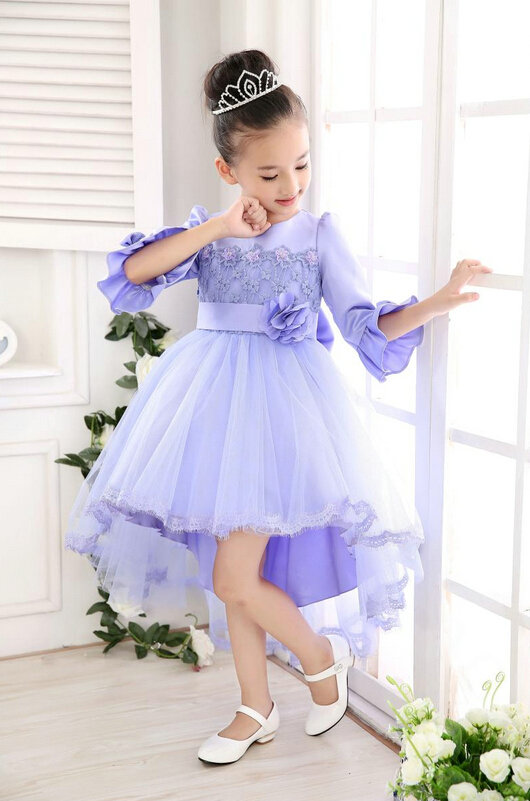 Cute Dresses Winter Flower Girls Bowknot Solid Wedding Party Dress - Purple