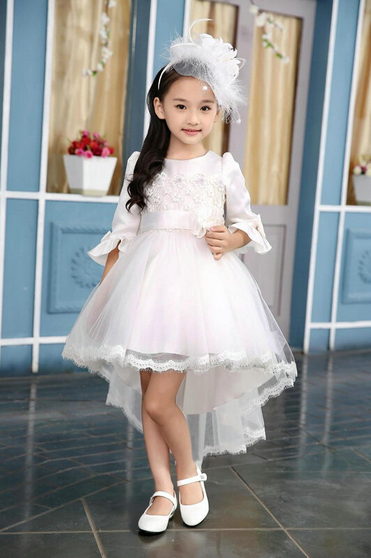 Cute Dresses Winter Flower Girls Bowknot Solid Wedding Party Dress - White