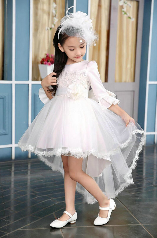 Cute Dresses Winter Flower Girls Bowknot Solid Wedding Party Dress - White
