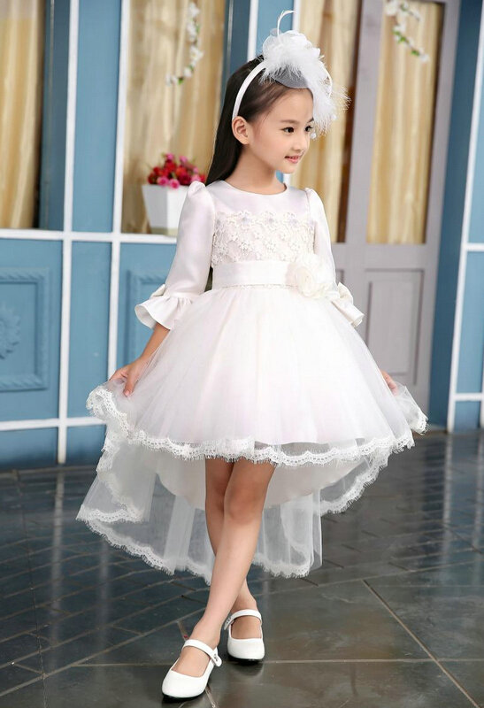 Cute Dresses Winter Flower Girls Bowknot Solid Wedding Party Dress - White