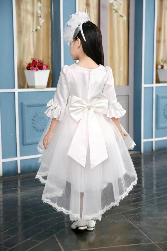 Cute Dresses Winter Flower Girls Bowknot Solid Wedding Party Dress - White
