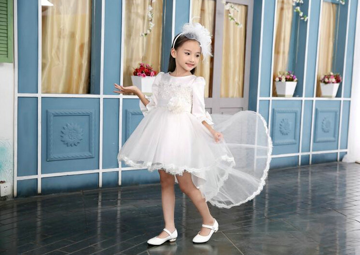 Cute Dresses Winter Flower Girls Bowknot Solid Wedding Party Dress - White