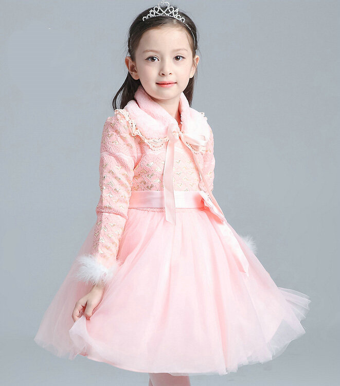 Cute Dresses Winter Flower Girls Bowknot Velvlet Wedding Party Dress - Pink