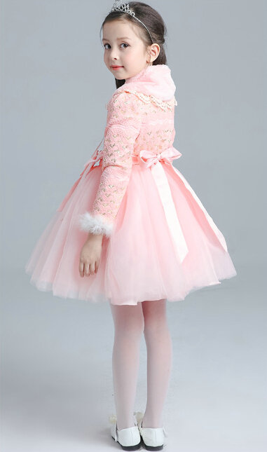 Cute Dresses Winter Flower Girls Bowknot Velvlet Wedding Party Dress - Pink