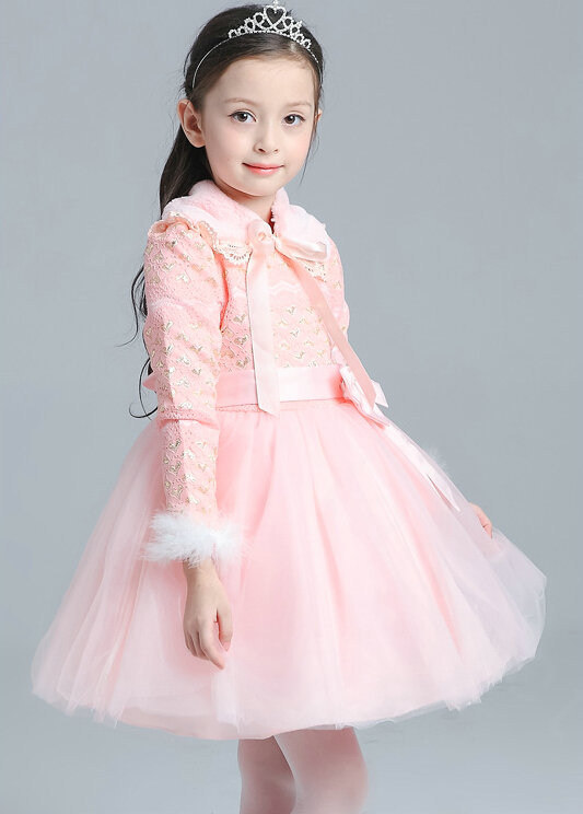 Cute Dresses Winter Flower Girls Bowknot Velvlet Wedding Party Dress - Pink
