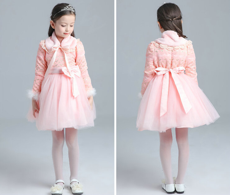 Cute Dresses Winter Flower Girls Bowknot Velvlet Wedding Party Dress - Pink