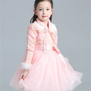 Cute Dresses Winter Flower Girls Bowknot Velvlet Wedding Party Dress - Pink