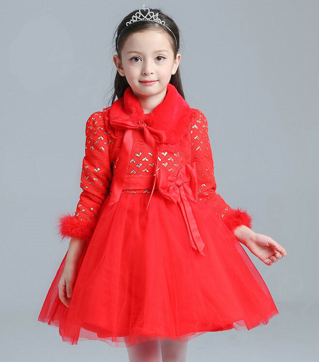 Cute Dresses Winter Flower Girls Bowknot Velvlet Wedding Party Dress - Red