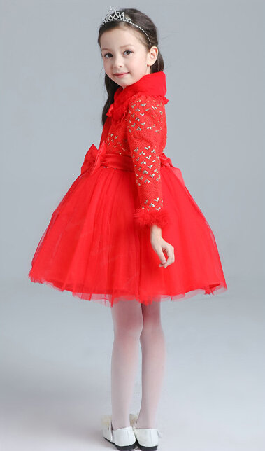 Cute Dresses Winter Flower Girls Bowknot Velvlet Wedding Party Dress - Red
