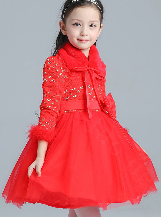 Cute Dresses Winter Flower Girls Bowknot Velvlet Wedding Party Dress - Red