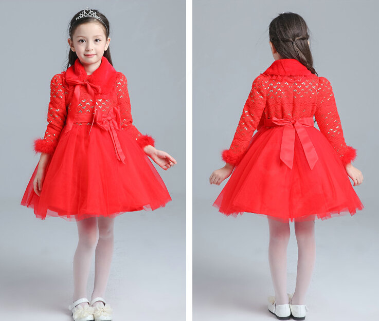 Cute Dresses Winter Flower Girls Bowknot Velvlet Wedding Party Dress - Red