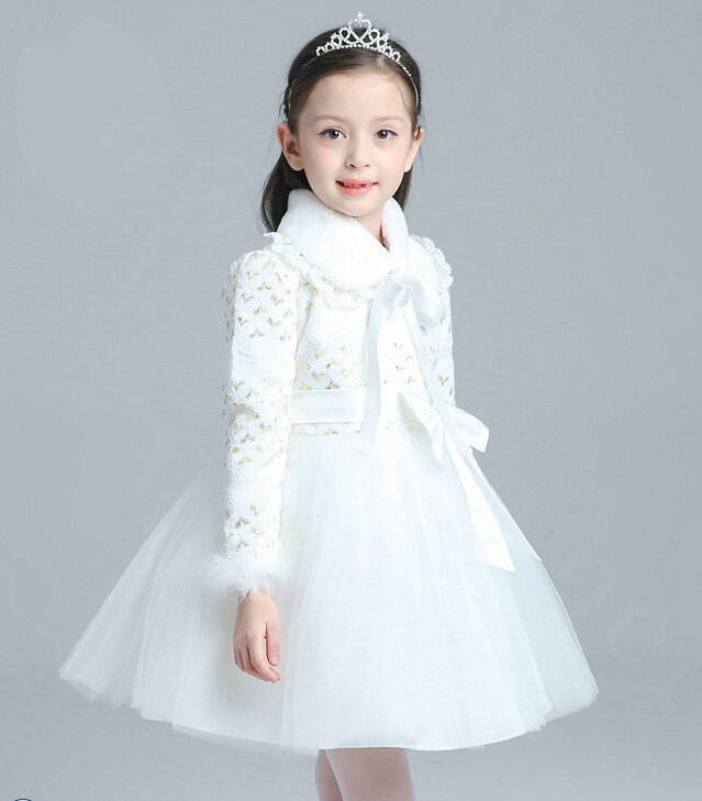 Cute Dresses Winter Flower Girls Bowknot Velvlet Wedding Party Dress - White