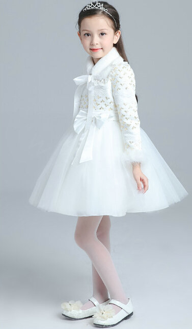 Cute Dresses Winter Flower Girls Bowknot Velvlet Wedding Party Dress - White