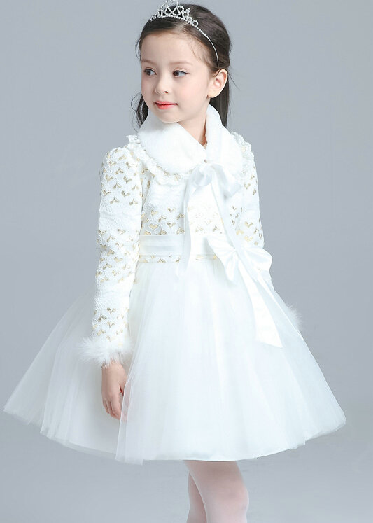 Cute Dresses Winter Flower Girls Bowknot Velvlet Wedding Party Dress - White
