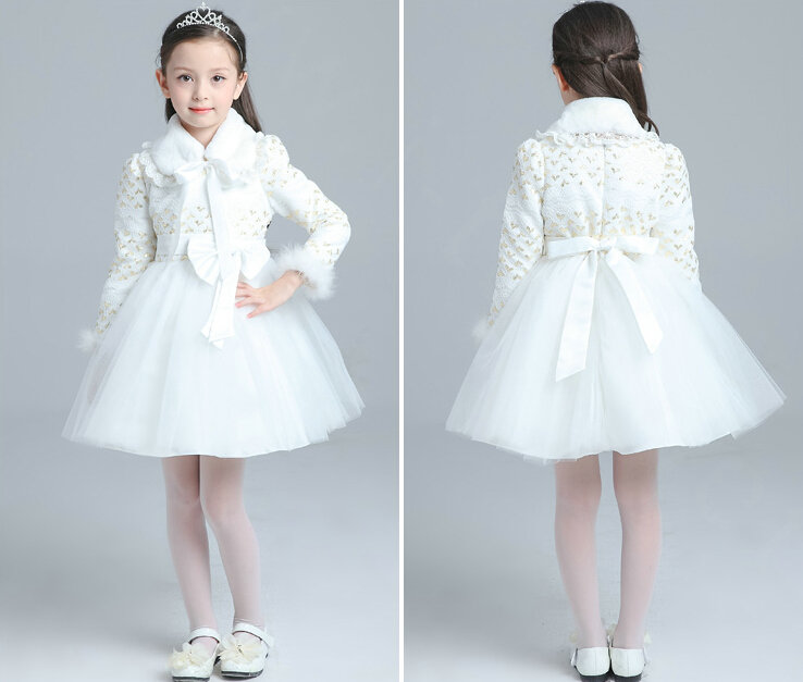 Cute Dresses Winter Flower Girls Bowknot Velvlet Wedding Party Dress - White
