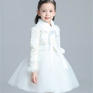 Cute Dresses Winter Flower Girls Bowknot Velvlet Wedding Party Dress - White