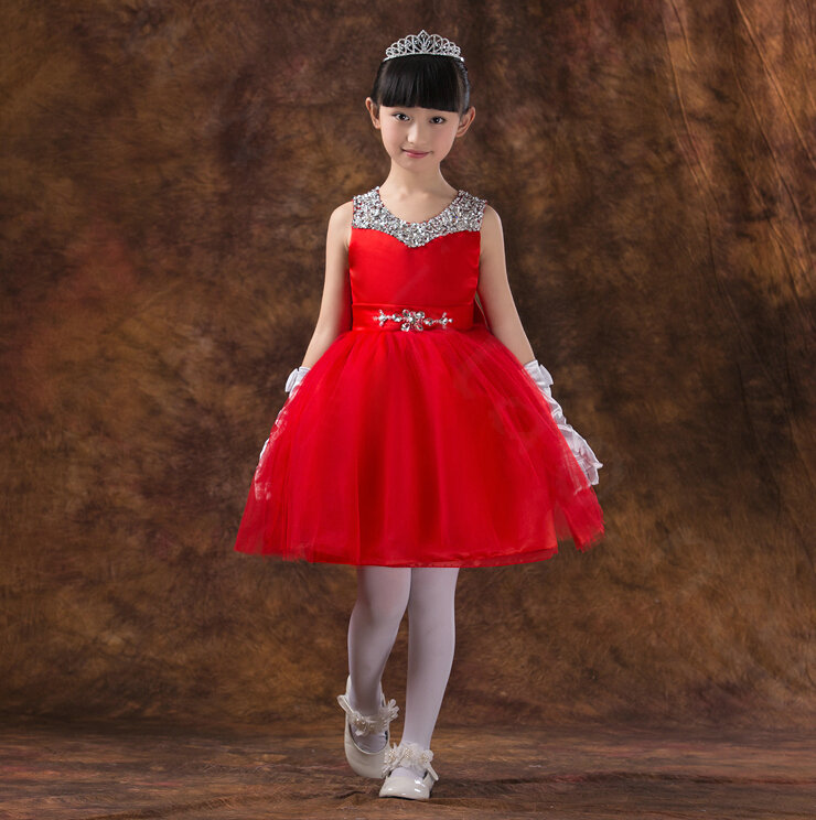 Cute Dresses Winter Flower Girls Chiffon Knee Length Bowknot Wedding Party Dress - Red