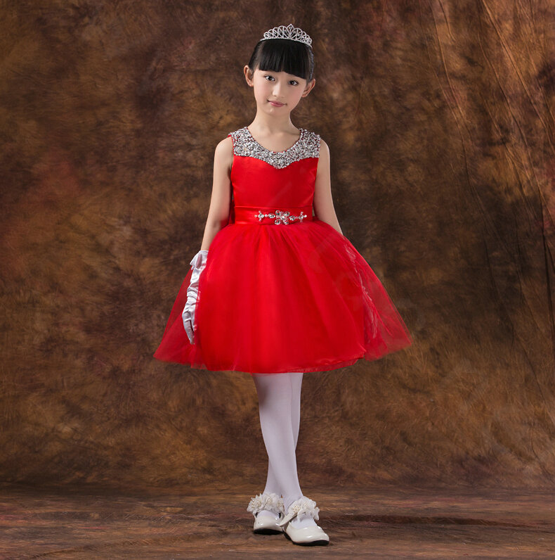 Cute Dresses Winter Flower Girls Chiffon Knee Length Bowknot Wedding Party Dress - Red